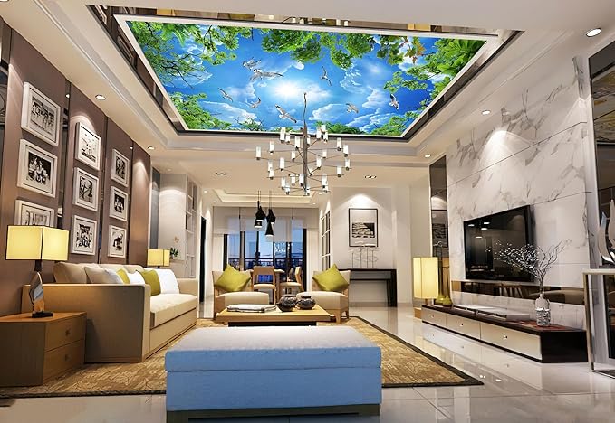Sky Seagull Green Tree Ceiling 3D Wall Mural Wallpaper 103" x 69"