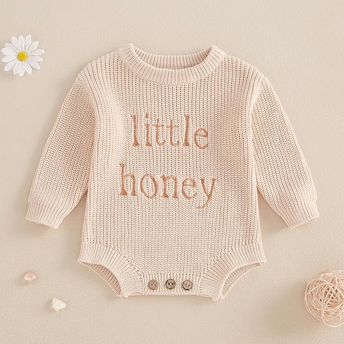 Lesimsam Newborn Baby Boy Girl Valentines Day Outfit Oversized Embroidery Long Sleeve Knit Sweater Bubble Romper Bodysuit