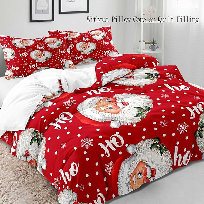 LUVIVIHOME 3PCS Santa Claus Duvet Cover Full Bedding Set, Red Duvet Cover, Christmas Bedding, Polka Dot Snowflake Holiday New Year Xmas Gifts Christmas Comforter Bedspread Quilt Cover, 2 Pillow Cases