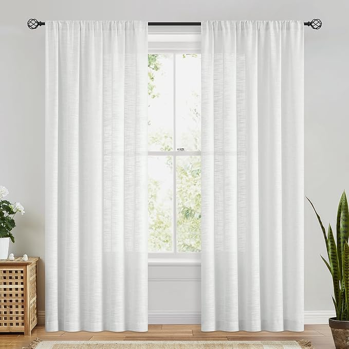 FMFUNCTEX Linen Semi Sheer Curtains 108 Inches Extra Long for Bedroom Living Room, White Curtain Panels Sheer Linen Textured Window Drapes Farmhouse Light Filtering 2 Panels Rod Pocket