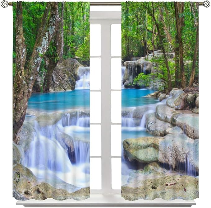 Forest Waterfall Blackout Curtains, Spring Nature Theme Natural Scenery Mountain Scenery Rod Pocket Window Drapes, for Bedroom Living Room 42" W X 45" L