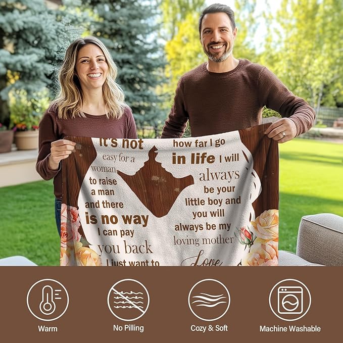 Gifts for Mom from Son, I Love You Mom Blanket, Mother Gifts for Christmas Thanksgiving, Soft Flannel Blanket for Mother for Birthday Mothers Day 50" x 60"