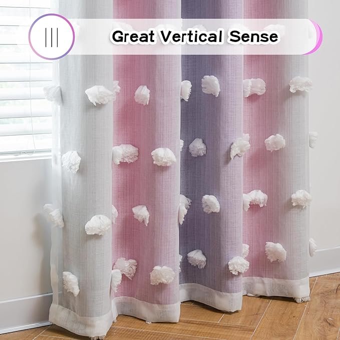 MYSKY HOME Nursery Curtains for Girls Room - Pink & Purple, 90 Inch Long, White Pom Pom, Sheer, Double Layer, Room Darkening, 52 x 90 in