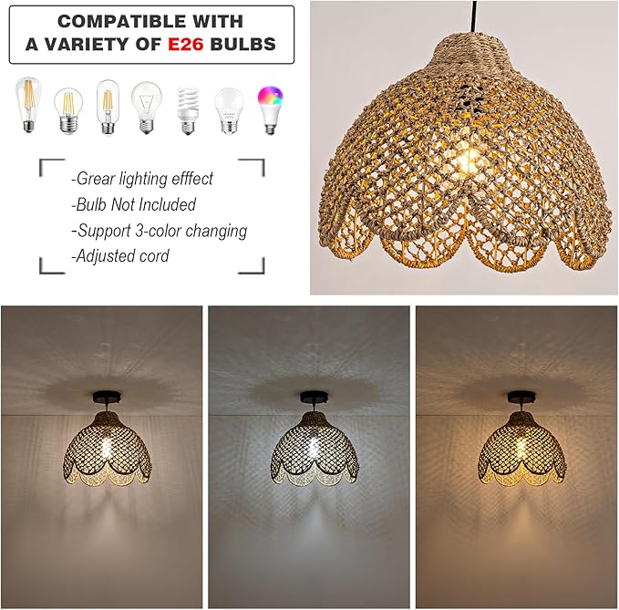 13.8inch Rattan Light, Rustic Hand Woven Wicker Pendant Light Brown Rattan Ceiling Lighting Fixtures for Living Room Dining Room Bedroom Kitchen Island Hallway,1-Light