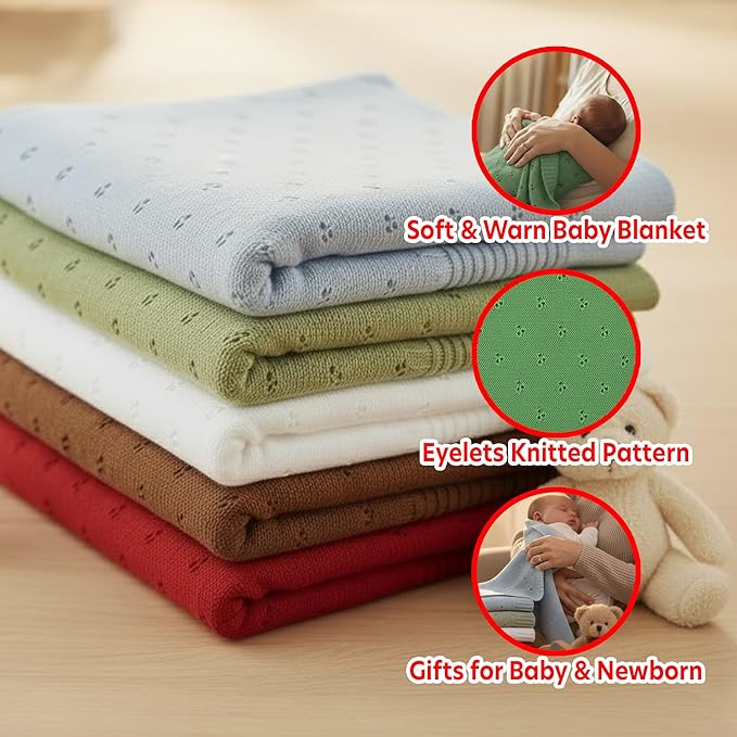 Baby Knit Blanket, 100% Cotton Eyelet Patterns, Soft, Cozy, Lightweight Swaddle for Newborn & Infant Swaddling Beige Neutral, Perfect Baby Shower Ideas Green 28x36