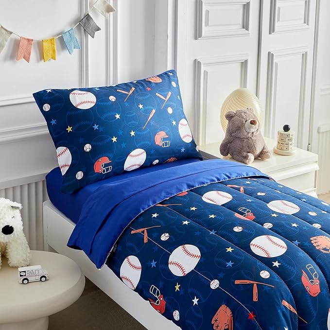 4 Pieces Baseball Toddler Bedding Set for Boys Gilrs Navy Blue White Stars Toddler Bed Set with Baseball Bat Cap Gloves Cute Toddler Bed in a Bag with Navy Blue Sheet Set and Pillow Shams