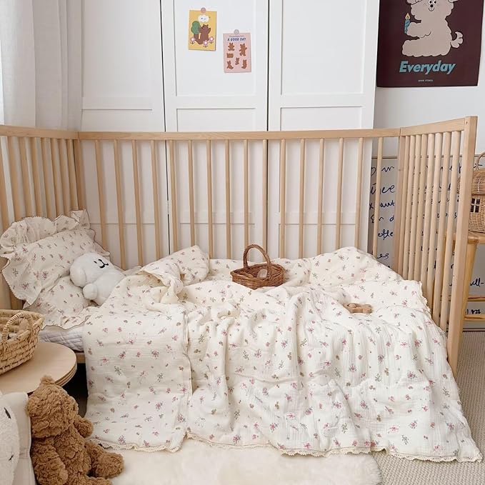 BuLuTu 100% Cotton Muslin Toddler Quilted Blanket for Girls Boys, Crib Toddler Bed Blankets with Cute Sheep Pink Flowers Print, Soft Lightweight Comforter for Young Children, 47x59 Inches