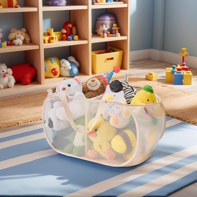 Large Toys Storage Basket Organizer Box for Kids, Boys, Girls - Foldable Toy Storage Bins with Dividers & 2 Sturdy Handles for Living Room, Bedroom, Playroom, Kidsroom (Beige, 2 Compartments)
