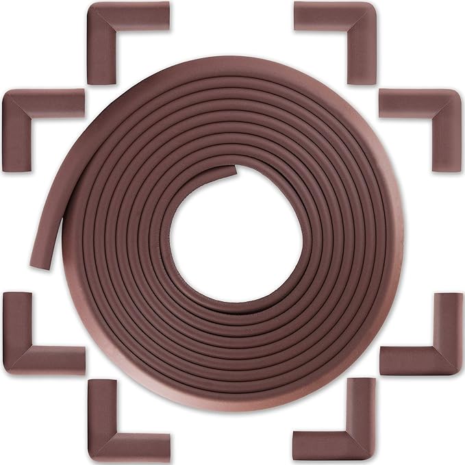 Baby Proofing Edge and Corner Guard Protector Set for Back to School, 20.4 ft Edges & 8 Foam Corners, Furniture and Table Child Baby Proof Bumpers, Pre-Taped Corner Cushions-Coffee Brown