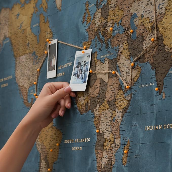 Canvas World Map with Cork Pin Board - English Lettering - Decorative Wall Decoration for All Rooms - Canvas Pictures with World Map Motif (70x50 cm, Pattern 13)