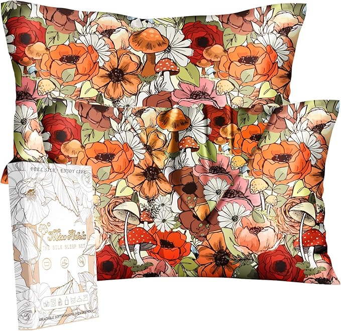 Silk Pillowcase 2 Pack - Pillow Cases 20" x 30" Queen Size Set of 2 for Hair and Skin Smooth Soft Breathable with Hidden Zipper Cooling Pillow Covers for Sleeping,Mushroom Bushes