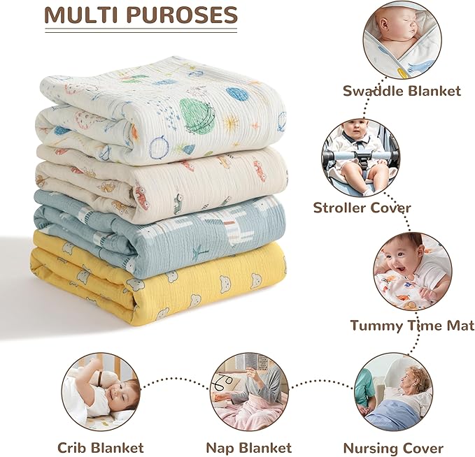 NTBAY 2 Layer Muslin Cotton Baby Swaddle Blanket, 42x60 Soft and Breathable Receiving for Newborns and Infants, Perfect for Crib, Stroller, Travel, Lightweight Nursery Blanket, Cartoon Train