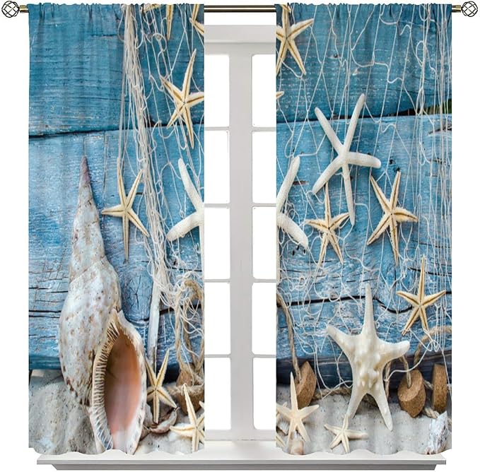 Marine Life Blackout Curtains Watercolor Water Grass Shell Print Curtains for Living Room Bedroom Privacy Curtains 55x63 Inches