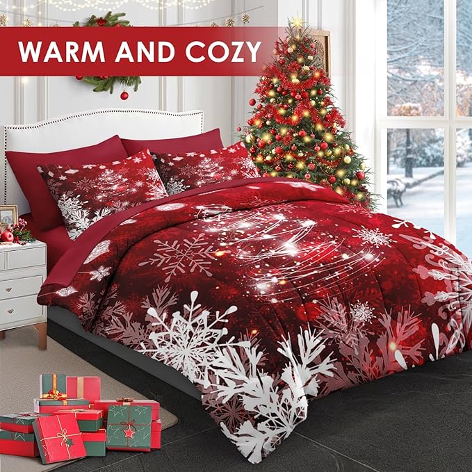 7 Pcs Full Size Christmas Comforter Set with 2 Pillowcases & 2 Shams, Red Glitter Xmas Tree Bedding for Kids and Adults, White Elegant Snowflake Bed in a Bag with Flat Fitted Sheet