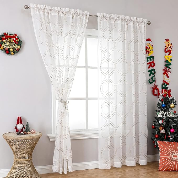 VISIONTEX White Sheer Curtains 95 Inches Long 2 Panels Set Brown Moroccan Embroidered Curtains Trellis French Textured Rod Pocket Voile Tulle Semi Window Drapes for Bedroom Living Room 54 x 95 Inches