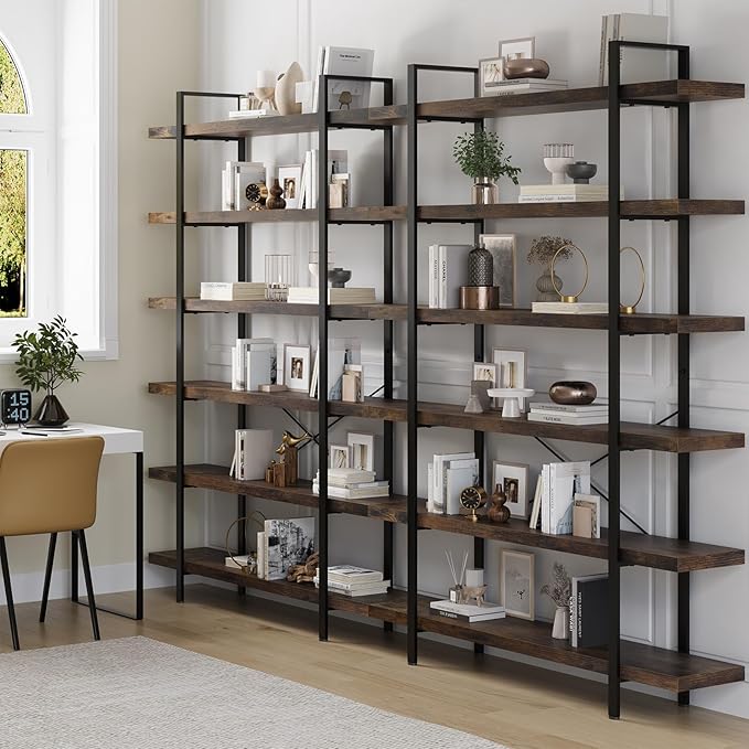 6 Tier Bookcase, 47 Inch Wide Wood Bookshelf, 120lbs Shelf Capacity Estante, Rustic Open Shelving Industrial Display with Reinforced Horizontal Brown Shelves for Living Room Bedroom Office
