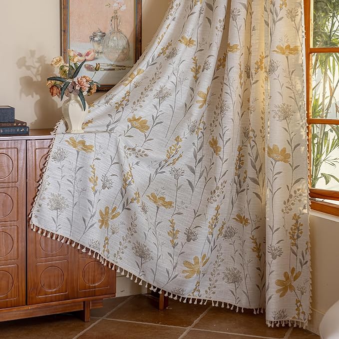 ENJOYBRIDAL Yellow Floral 96 Inch Curtains 2 Panel Set Living Room Long Drapes Bedroom Boho Farmhouse Semi Sheer Window Curtain Panels Rod Pocket Cute Tassel Dining Room Window Treatments