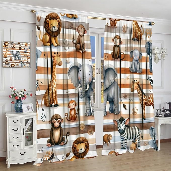 Kids Animal Curtains Elephants Giraffes Monkeys Lions Zebras Window Treatment for Kids Boys Girls Nursery Baby Bedroom Playroom Home Decor Window Drapes 42" W X 45" L