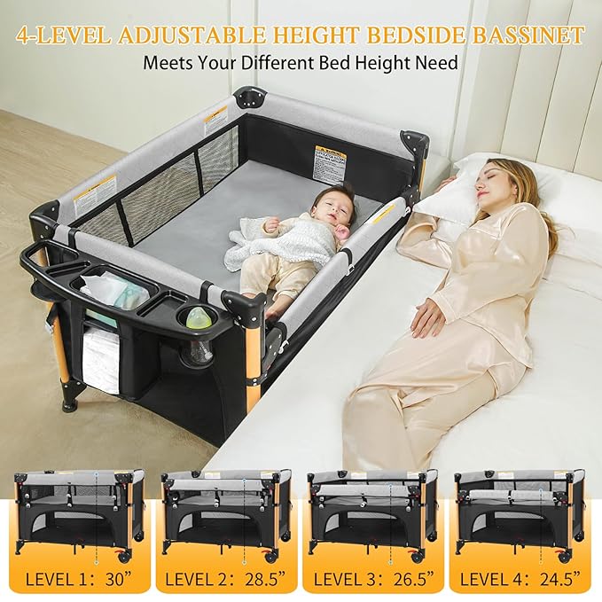 Baby Bassinet Bedside Crib for Travel with One-Hand Setup 5-in-1 Foldable Baby Playpen, Portable Pack and Play with Bassinet,Diaper Changer & Adjustable Mattress for Newborn to Toddler (Black)