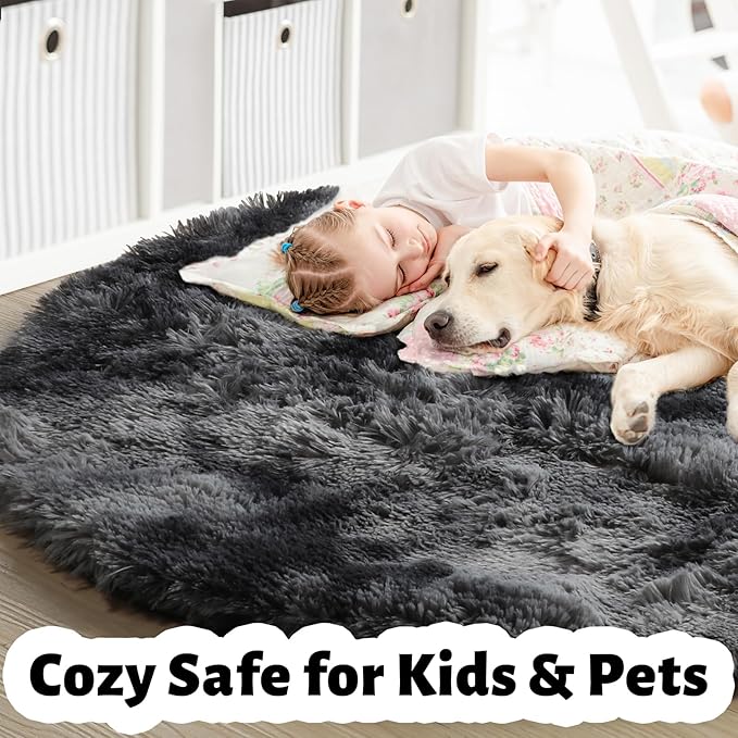 Amdrebio Tie-Dyed Dark Grey Round Area Rug 5Ft for Living Room Bedroom, Soft Furry Shaggy Circle Rugs for Classroom Playroom Dorm, Modern Cool Shag Fluffy Fuzzy Circular Carpet for Men Kids Teen Boys