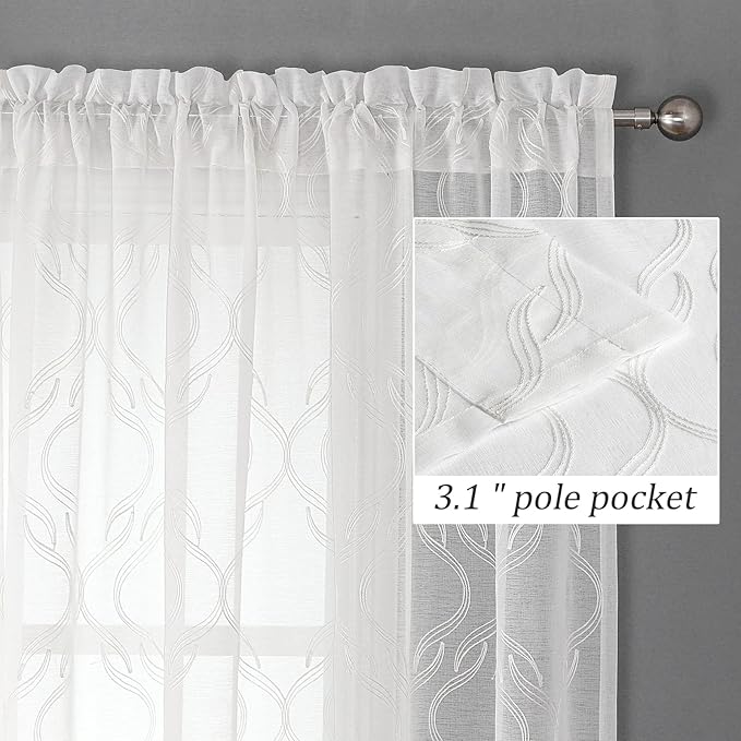 VISIONTEX Sheer Curtains, White Moroccan Embroidery Texture Geometric Rod Pocket White Voile Tulle Semi Window Treatment Pair for Bedroom, W54 x L54