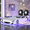 Twin Size Race Car-Shaped Platform Bed with LED and Upholstered Backrest, Solid Wood Upholstered Car Bed Frame with 2 Seats for Kids Boys Girls Bedroom (White-31U)