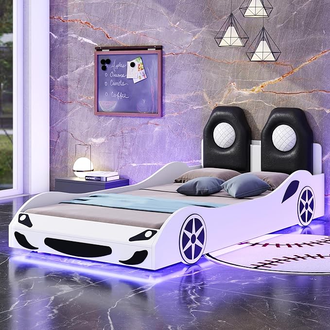 Bellemave Wood Twin Size Race Car-Shaped Platform Bed with LED and Upholstered Backrest, Kid's Platform Bed Frame with Race Car-Shaped and Safety Guardrails for Kids, Boys, Girls.(White)