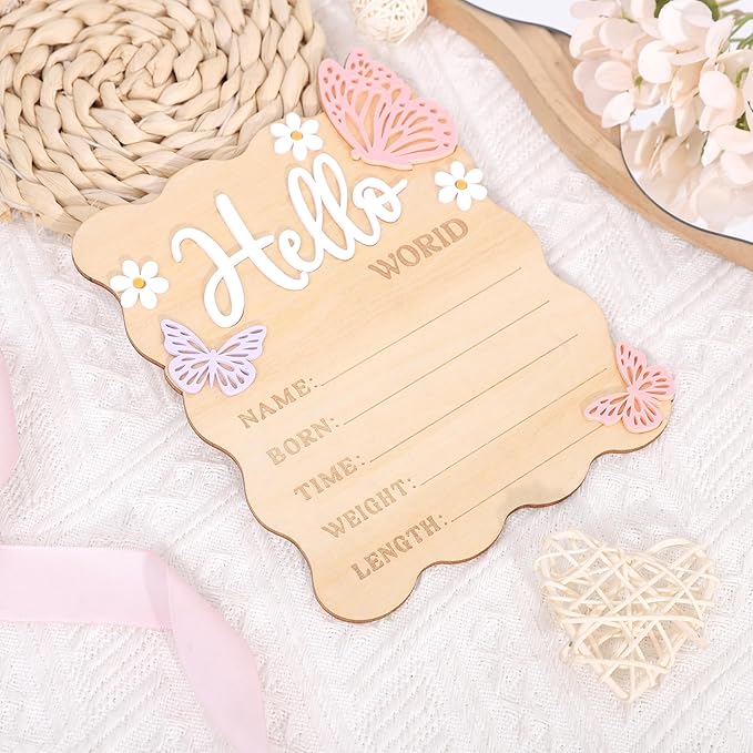 Butterfly Daisy Hello Worid Board - Little Butterfly Birth Announcement Sign, Wooden Hello World Card for Hospitals, Newborn Birth Information Record Board, Daisy Nursery Decorations Photo Props