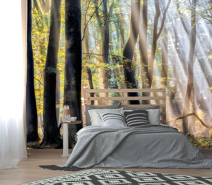 XMPMBM-Sunny Forest Woodland Fabric Wallpaper Misty Tree Living Room Bedroom Bathroom Wall Mural-W 88" X H 59"（36 Square Foot）