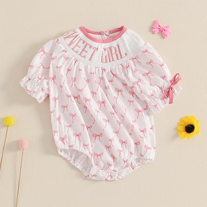 Newborn Baby Girl Romper Mamas Mini Bow Plaid Print Puff Sleeve Smocked Bubble Romper Jumpsuit Bodysuit Clothes