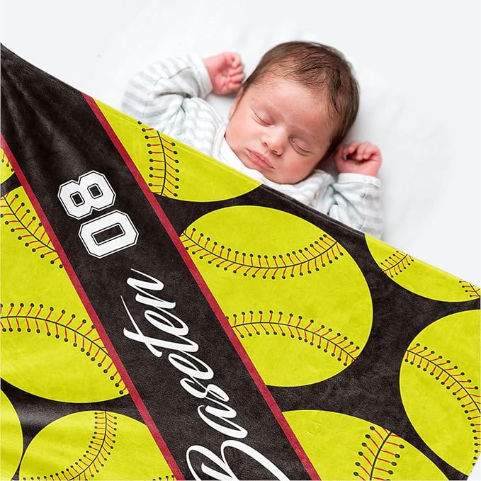 Personalized Softball Baby Blanket Gifts: Custom Soft Flannel Fabric Blankets with Name Number for 0-6 Years Kids Boys Girls - Warm and Comfortable(50X60inch)
