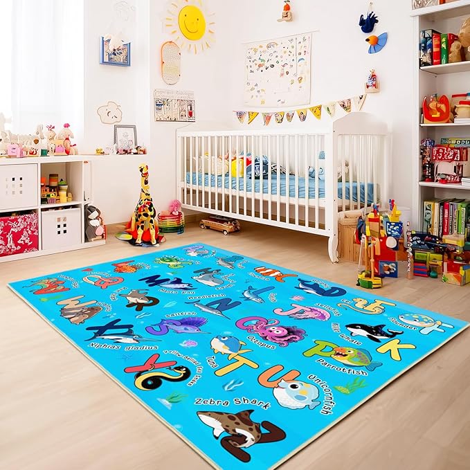 Kids Rugs for Playroom, 8x10 Ft Educational Rug for Learn The ABC Alphabet, Soft Machine Washable Non-Slip Cute Marine Organisms Carpet for Classroom Toddler Nursery Kids Room Decor, Blue