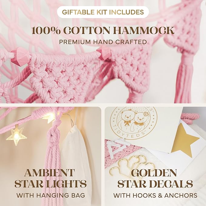 Stuffed Animal Hammock Corner | Sturdy Handcrafted Stuffed Animal Net | 4mm Double Macrame Cord Stuffed Animal Holder | Natural 100% Cotton Plushie Net | Toy Hammock w/LED Light (Pink)