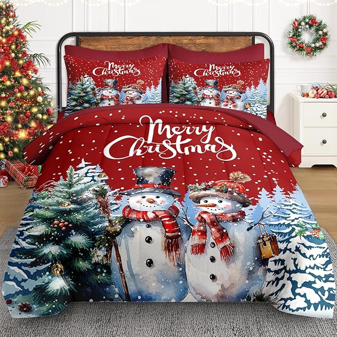 7 Pcs Full Size Christmas Comforter Set with 2 Pillowcases & 2 Shams, Winter Wonderland Bedding for Kids and Adults, Happy Snowman Bed in a Bag with Flat Fitted Sheet