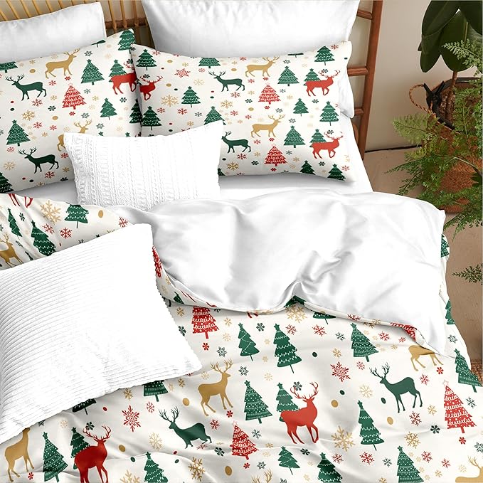 Christmas Duvet Cover Full Size Green Christmas Tree Bedding Set Kids Boys Girls Xmas Deer Pattern Comforter Cover 3 Pieces with Zipper Closure (No Comforter)