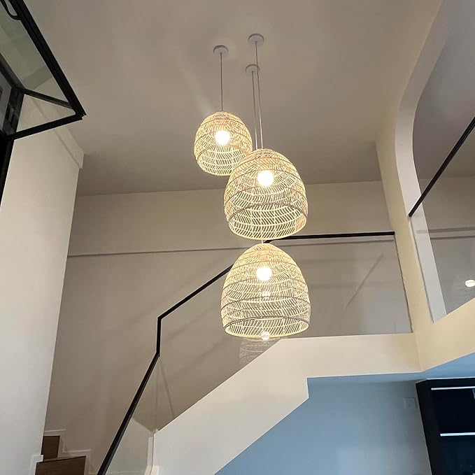 Bamboo Pendant Light Fixture Boho Style 1 Lights Rattan Pendant Lamp Woven Hanging Light for Kitchen Island Nursery in Beige(13.7" W)