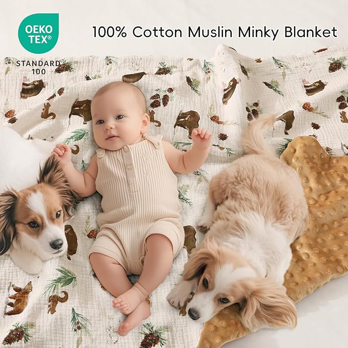 david's kids Muslin Minky Baby Blanket for Boys with Muslin Cotton Front and Dotted Fleece Backing, Breathable and Soft Lightweight Receiving Blanket for Newborns, 30x40 Inches, Woodland Animals