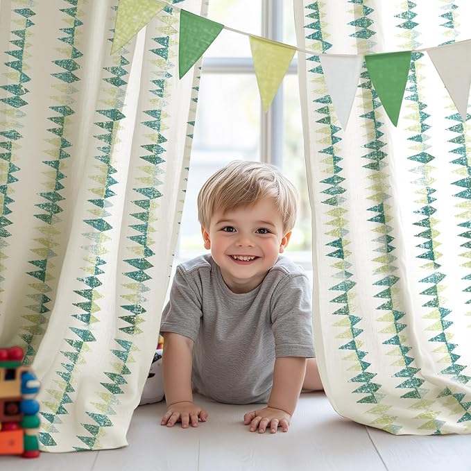 jinchan Linen Nursery Curtains for Living Room Boho Curtains for Bedroom Kids Room 84 Inches Long Geometric Printed Farmhouse Drapes Rod Pocket Window Treatment Curtain Set of 2 Panels Green