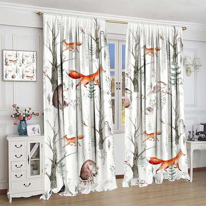 Rustic Forest Window Curtains, Watercolor Woodland Animals Owl Hedgehog Fox Butterfly Forest Squirrel and Bear Blackout Windows Door Curtain for Bedroom Living Room Home Decor 63x72in