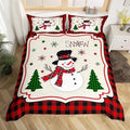 Manfei Cute Snowman Duvet Cover Set Twin Size, Xmas Trees Snowflake Comforter Cover with 1 Pillowcase, Christmas Theme Red Plaid Bedding Set 2pcs for Kids Girls New Year Bedspread Cover,No Comforter