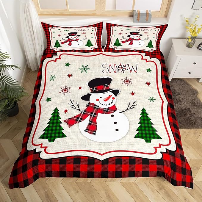 Manfei Cute Snowman Duvet Cover Set King Size, Xmas Trees Snowflake Comforter Cover with 2 Pillowcases, Christmas Theme Red Plaid Bedding Set 3pcs for Kids Girls New Year Bedspread Cover,No Comforter