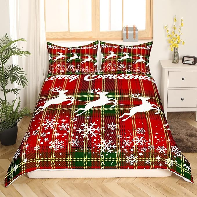 Manfei Christmas Duvet Cover Set Queen Size, White Deer and Snowflake Print Comforter Cover with 2 Pillowcases, Red Plaid Print Bedding Set 3pcs for Kids Boys Girls Bedroom Decor,No Comforter