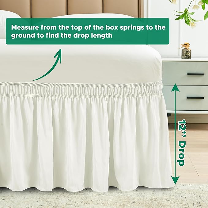 Biscaynebay Wrap Around Bed Skirts for Twin & Twin XL Beds Short Drop of 12", Ivory Adjustable Elastic Dust Ruffles Easy Fit Wrinkle Resistant Silky Luxurious Fabric Machine Washable