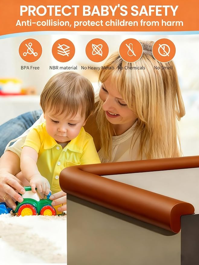 Baby Proof Edge Corner Protector, 16.4FT 0.47''Th L-Shape Furniture Corner & Edge Safety Bumpers with 10 Corners, Pre-Taped, Soft NBR Rubber Foam Desk Edge Cushion Wall Corner Protector (Coffee)