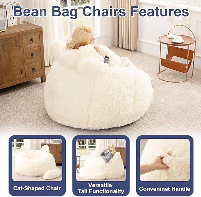 Bean Bag Chair for Adults Teens Giant Faux Fur Bean Bag Chairs with Filler Fluffy Plush Cat Shaped Beanbag Couch Comfy Accent Floor Sofa for Gaming, Reading in Living Room, Bedroom, Dorm
