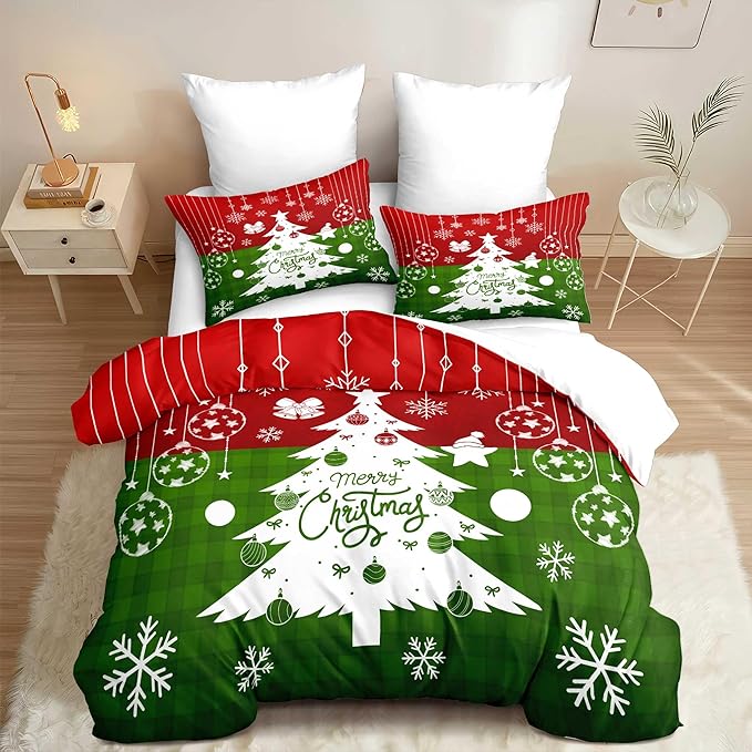 Red Christmas Duvet Cover Queen Size Green Christmas Tree Gingham Bedding Set 3 Pcs Kids Boys Girls Checked Holiday Pattern Comforter Cover with Zipper Closure