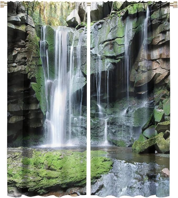 Forest Waterfall Blackout Windows Curtains, Rocky Waterfall to Pond Running Off Scenic Nature Themed Picture Print Curtains, for Living Room Bedroom 42x54in 2 Panels