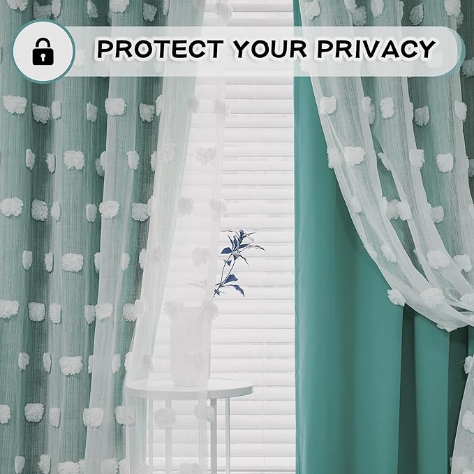 MYSKY HOME 90 Inches Long Teal Curtains for Living Room Nursery Curtains for Bedroom Double Layer Curtains White Pom Pom Sheer Curtains for Dining Room Grommet Room Darkening Window Panels W52 X L90