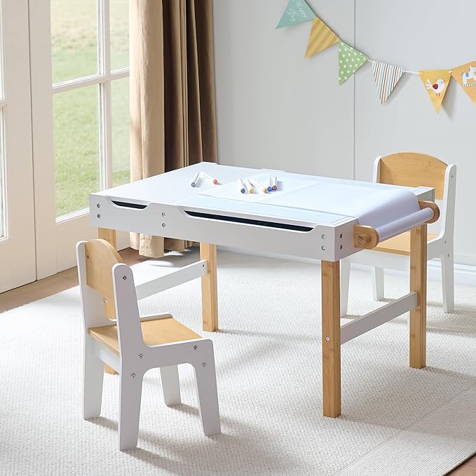Kids Activity Table with Storage, 3 in 1 Kids Table Compatible with Lego Building Block for Boys Girls, Wooden Desk Reversible Tabletop for Toddler Arts,Drawing, Reading