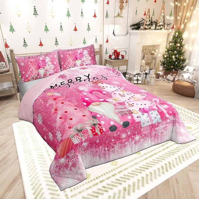 Girly Christmas Kids Comforter Set Toddler Size,Pink Gnome Pine Trees Xmas Gift Bedding Set for Bedroom Holiday Decor,Snowflake Stars Sparkling Glitter Print Quilted Set with 1 Pillowcase